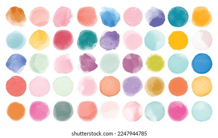 Set of colorful watercolor hand painted round shapes, stains, circles, blobs isolated on white. Illustration for artistic design