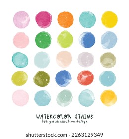 Set of colorful watercolor hand painted round shapes, stains, circles, blobs isolated on white. Illustration for artistic design