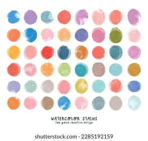 Set of colorful watercolor hand painted round shapes, stains, circles, blobs isolated on white. Illustration for artistic design