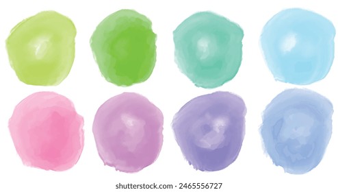 Set of colorful watercolor hand painted round shapes, stains, circles, blobs isolated on white. Elements for artistic design