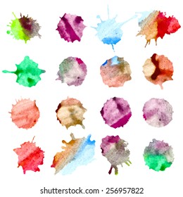 Set of colorful watercolor hand painted circle isolated on white. Vector illustration for your artistic design. Round stains, blobs of red, green, yellow, pink.