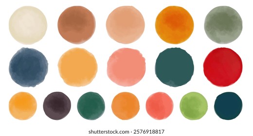 Set of colorful watercolor hand painted round shapes, stains, circles, blobs isolated on white. Elements for artistic design vintage color