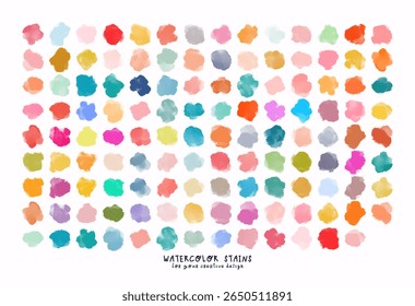 Set of colorful watercolor hand painted different shapes, stains, circles, blobs isolated on white background. Vector elements for design