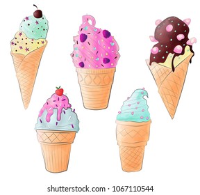 Set of colorful watercolor handdraw icecream on white background 