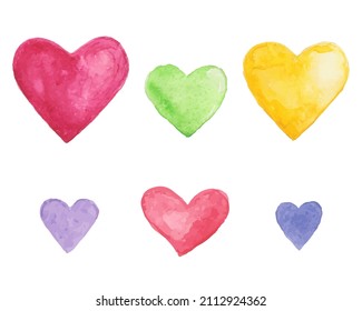 Set of colorful watercolor hearts. Design element. Vector