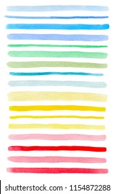 Set of colorful watercolor lines isolated on a white background. Blue, pink, green and yellow vector watercolor blots.