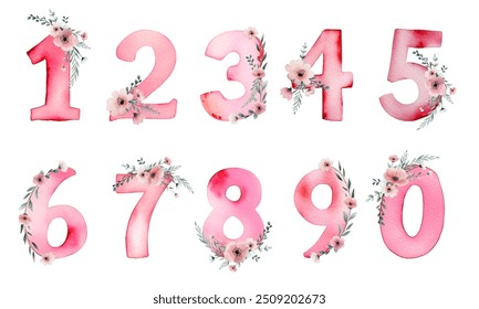 Set of colorful watercolor numbers with delicate flowers. Hand painted pink watercolor numbers 0-9.