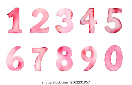 Set of colorful watercolor numbers. Hand painted pink watercolor numbers. Numbers 0-9.