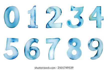 Set of colorful watercolor numbers. Handwriting blue numbers 0-9. Hand painted watercolor numbers. 