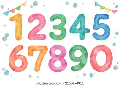 Set of colorful watercolor numbers. Vector illustration.