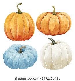 Set of colorful watercolor pumpkins