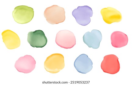 Set of colorful watercolor round shapes, stains, blobs circles. Hand drawn multicolored watercolor spots isolated