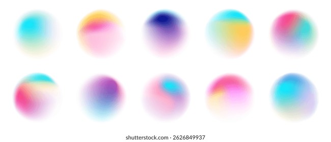 Set of colorful watercolor translucent gradient samples, Smooth gradient glowing neon paint spots, Vector illustration.