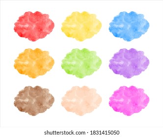 Set of colorful watercolor vector rounded spots, brush strokes, oval cloud shapes. Graphic design elements collection, watercolour stains text background, elliptical frames or banner templates. 