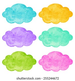 Set of colorful watercolor vector speech bubbles or clouds. Space for text.