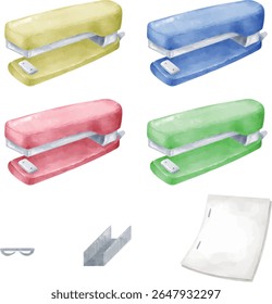 Conjunto de grampeador colorido estilo aquarela, grampos e ilustrações em papel
