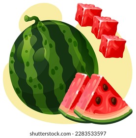 Set of colorful watermelon on yellow background. Vector illustration with slices of watermelon. Healthy food concept art. Vector illustration for poster, banner, website, placecard, flyer. Red fruits.