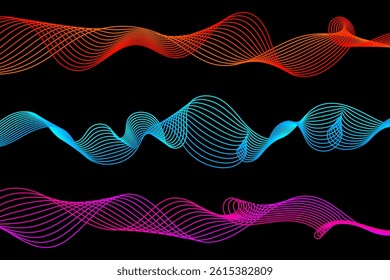 Set Of Colorful Wave Line On Black Background. Technology Banner. Vector Illustration. Abstract Business Wallpaper