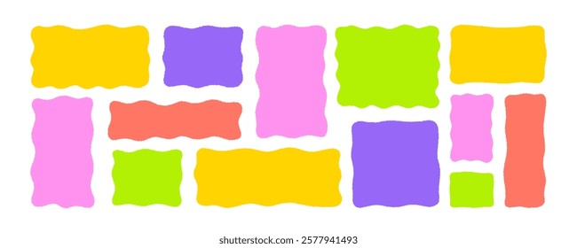 Set of colorful wavy organic rectangles and squares. Hand drawn vector geometrical shapes, funky frames for text and pictures. Empty speech bubbles. Irregular organic shapes for social media stories.