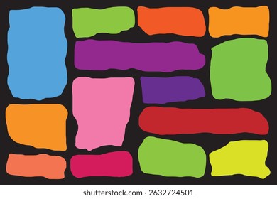 Set of colorful wavy organic rectangles and squares. Hand drawn vector geometrical shapes, funky frames for text and pictures. Empty speech bubbles. Irregular organic shapes for social media