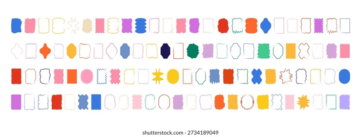 Set of colorful wavy rectangle labels. Bright box tags and caption strips for product callouts, price stickers and highlight text. Irregular rectangle silhouettes vector illustration.