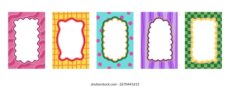Set of colorful wavy rectangular frames in retro style. Bright wavy scallop shapes with rounded edges. Individual vector elements for design, scrapbooking, packaging and branding.
