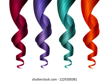 Set of Colorful Wavy Strands of Hair. Vector Realistic 3d Illustration. Design Element for Hairdressers, Beauty Salons, Hair Care Cosmetics, Shampoo, Conditioner or Hair Dye Packaging