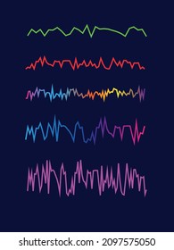 Set of colorful wavy, zig zag, spiky lines, black design elements. Dark blue background.  Abstract vector illustration, eps 10.