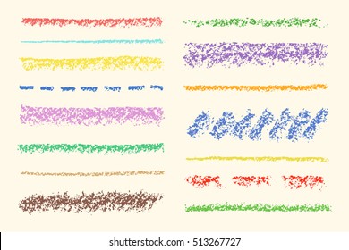 Set Of Colorful Wax Crayon Isolated Strokes. Hand Drawn Pastel Chalk Circle Stripes Background. Vector Kids Hand Painting Texture Design Elements. 