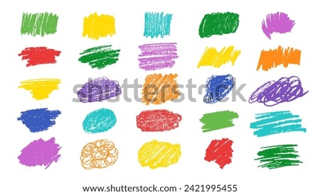 Set colorful wax crayon spots isolated on white background. Grunge chalk sketch collection. Hand drawn vector pencil stroke lines and doodles. Bright abstract charcoal children drawing. Rough edges.