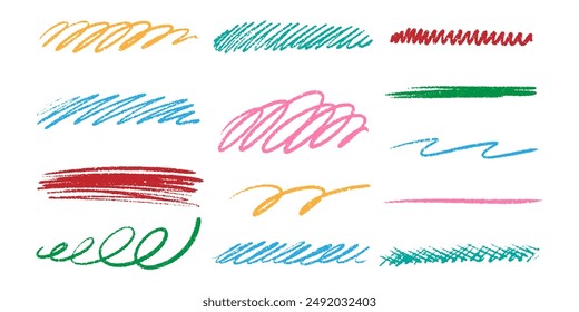 Set colorful wax crayon strokes isolated on white background. Hand drawn vector pencil strokes of lines and doodles. Bright abstract children's charcoal drawing. Rough edges.