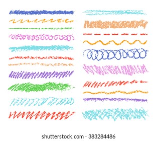 Set of colorful wax crayon strokes isolated on white. Hand drawn pastel chalk circle stripes background. Vector kids hand painting texture design elements. 