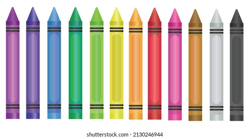 Set of colorful wax crayons. Color pencils isolated on white background. Kindergarten, preschool and kids concept. Realistic vector illustration. Back to school. Sign, symbol, icon or logo isolated.