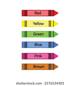 Set of colorful wax crayons. Color name and vocabulary for learning