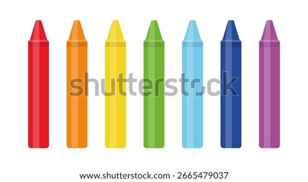 Set of colorful wax crayons in rainbow colors, isolated on white background, vibrant art supplies for drawing, school, and crafts, simple flat design illustration for education and creative projects