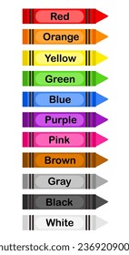 Set of colorful wax crayons.Color name and vocabulary for learning.Worksheet for preschool or kindergarten kids.Back to school.Sign, symbol, icon or logo isolated.Cartoon vector illustration.