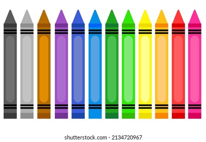 Set of colorful wax crayons.Color pencils isolated on white background.Kindergarten, preschool and kids concept.Cartoon vector illustration. Back to school. Sign, symbol, icon or logo isolated.