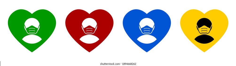 Set of Colorful Wear a Mask or Face Mask Required Warning Icons in Green, Red, Blue and Yellow Heart Symbols. Vector Image.