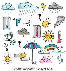 Set of Colorful Weather Elements With Doodle Style and Kawaii Face