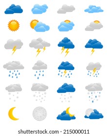 Set of colorful weather icons - sun, moon, rain, snow, storm and clouds