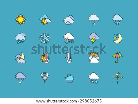 Set of colorful weather thin, lines, outline, strokes icons. Symbols weather snow, rainbow, rain, heat, sunny, cloudy, wind on dark-blue background. For web and mobile applications 