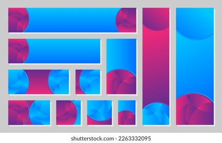 conjunto de coloridos banners web. Resumen de fondo violeta y azul, publicidad, plantillas de medios sociales con vertical, horizontal y cuadrado.