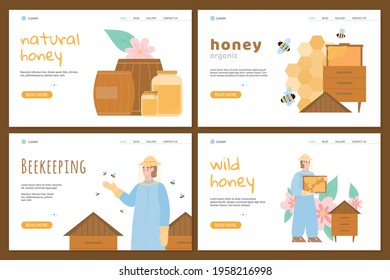 Set of colorful web banners on theme beekeeping. Vector illustrations with flowers and hives with bees, honey in jar and barrels, beekeeper holds honeycomb and working on apiary.