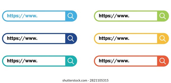Set of colorful web browser search bars with magnifying glass icons for website user interface