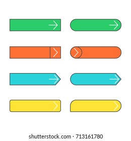 Set of colorful web buttons with different empty square and white arrows. Template minimalistic design for web or mobile apps. Vector illustration
