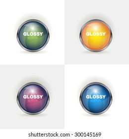 Set of colorful web buttons on white background, vector illustration. Silver shiny modern element. Vector design elements sticker. Set glossy download button, speech with shadow.