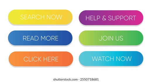 Set of colorful web buttons with text like Search Now, Help Support, and Read More, isolated on a white background.