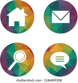 Set of colorful web buttons vectors isolated icons. Home,email,search and chat round elements. Rainbow low poly geometric background internet signs stickers.