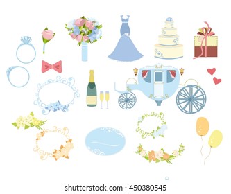 Set of colorful wedding elements of wedding dress, bridal bouquet, wedding ring, carriage, frame flower, champagne, flowers, wedding cake, wine glasses isolated on white  vector illustration.