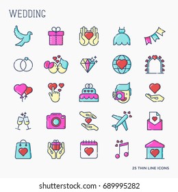 Set of colorful wedding icons in thin line style for invitation, menu for web site. Vector illustration.